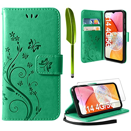 AROYI Lederhülle Kompatibel mit Samsung Galaxy A14 5G/ A14 4G Hülle und Schutzfolie,Wallet Handyhülle Leder Tasche Kartensteckplätzen Schutzhülle Kompatibel mit Samsung Galaxy A14 Minzgrün von AROYI