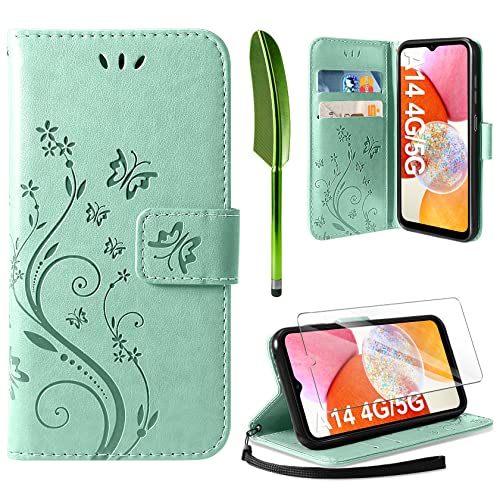 AROYI Lederhülle Kompatibel mit Samsung Galaxy A14 5G/A14 4G Hülle und Schutzfolie, Flip Wallet Handyhülle PU Leder Tasche Kartensteckplätzen Schutzhülle Kompatibel mit Samsung Galaxy A14 Hellgrün von AROYI