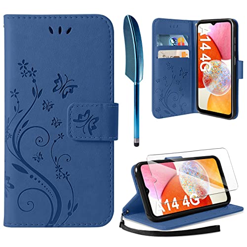 AROYI Lederhülle Kompatibel mit Samsung Galaxy A14 5G/A14 4G Hülle und Schutzfolie, Flip Wallet Handyhülle PU Leder Tasche Schutzhülle Kompatibel mit Samsung Galaxy A14 (Dunkel Blau) von AROYI