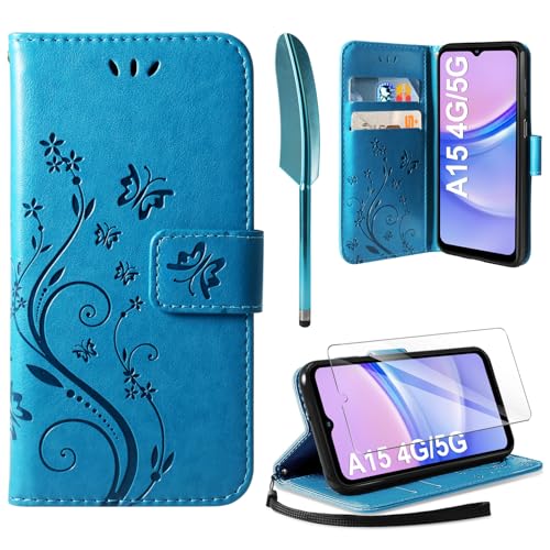 AROYI Lederhülle Kompatibel mit Samsung Galaxy A15 5G/4G Hülle und Schutzfolie, Flip Wallet Handyhülle PU Leder Tasche Case Kartensteckplätzen Schutzhülle Kompatibel mit Samsung Galaxy A15 5G/4G von AROYI