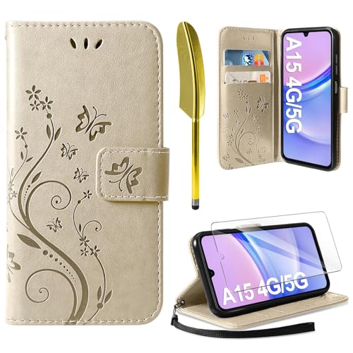 AROYI Lederhülle Kompatibel mit Samsung Galaxy A15 5G/4G Hülle und Schutzfolie,Wallet Handyhülle Leder Tasche Kartensteckplätzen Schutzhülle Kompatibel mit Samsung Galaxy A15 5G/4G Golden von AROYI