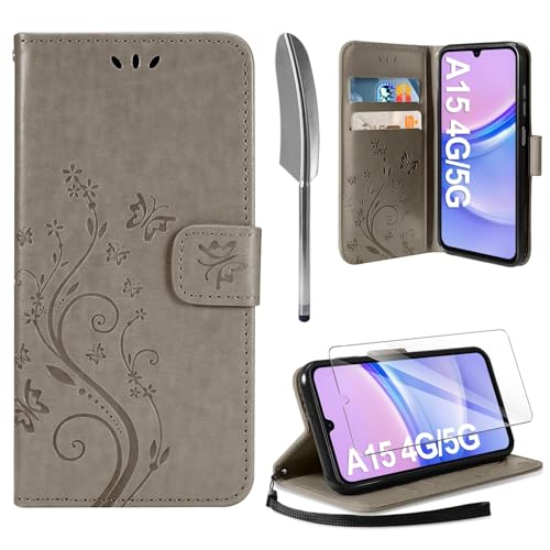 AROYI Lederhülle Kompatibel mit Samsung Galaxy A15 5G/4G Hülle und Schutzfolie,Wallet Handyhülle Leder Tasche Kartensteckplätzen Schutzhülle Kompatibel mit Samsung Galaxy A15 5G/4G Grau von AROYI