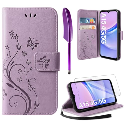 AROYI Lederhülle Kompatibel mit Samsung Galaxy A15 5G/4G Hülle und Schutzfolie,Wallet Handyhülle Leder Tasche Kartensteckplätzen Schutzhülle Kompatibel mit Samsung Galaxy A15 5G/4G Lila von AROYI