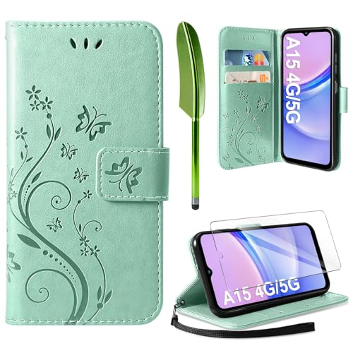 AROYI Lederhülle Kompatibel mit Samsung Galaxy A15 5G/4G Hülle und Schutzfolie,Wallet Handyhülle Leder Tasche Kartensteckplätzen Schutzhülle Kompatibel mit Samsung Galaxy A15 5G/4G Minzgrün von AROYI