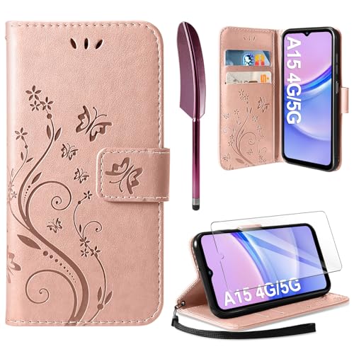 AROYI Lederhülle Kompatibel mit Samsung Galaxy A15 5G/4G Hülle und Schutzfolie,Wallet Handyhülle Leder Tasche Kartensteckplätzen Schutzhülle Kompatibel mit Samsung Galaxy A15 5G/4G Roségold von AROYI