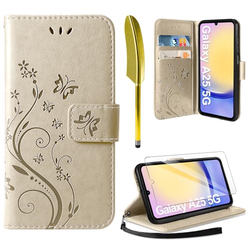 AROYI Lederhülle Kompatibel mit Samsung Galaxy A25 5G Hülle und Schutzfolie,Wallet Handyhülle Leder Tasche Kartensteckplätzen Schutzhülle Kompatibel mit Samsung Galaxy A25 5G Golden von AROYI