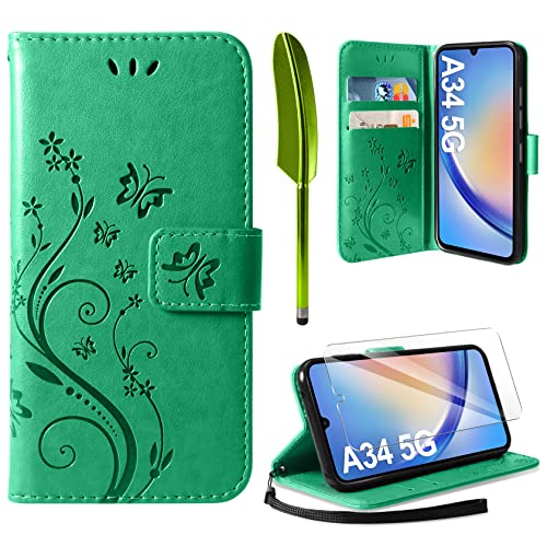 AROYI Lederhülle Kompatibel mit Samsung Galaxy A34 5G Hülle und Schutzfolie,Wallet Handyhülle Leder Tasche Kartensteckplätzen Schutzhülle Kompatibel mit Samsung Galaxy A34 5G Minzgrün von AROYI