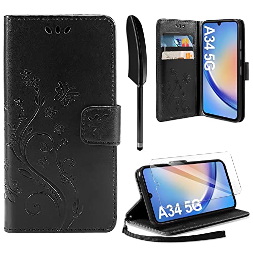 AROYI Lederhülle Kompatibel mit Samsung Galaxy A34 5G Hülle und Schutzfolie,Wallet Handyhülle Leder Tasche Kartensteckplätzen Schutzhülle Kompatibel mit Samsung Galaxy A34 5G Schwarz von AROYI