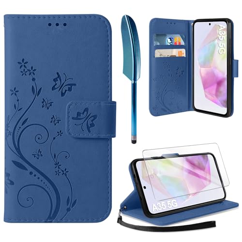 AROYI Lederhülle Kompatibel mit Samsung Galaxy A35 5G Hülle und Schutzfolie,Wallet Handyhülle Leder Tasche Kartensteckplätzen Schutzhülle Kompatibel mit Samsung Galaxy A35 5G Dunkel Blau von AROYI