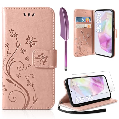 AROYI Lederhülle Kompatibel mit Samsung Galaxy A35 5G Hülle und Schutzfolie,Wallet Handyhülle Leder Tasche Kartensteckplätzen Schutzhülle Kompatibel mit Samsung Galaxy A35 5G Roségold von AROYI