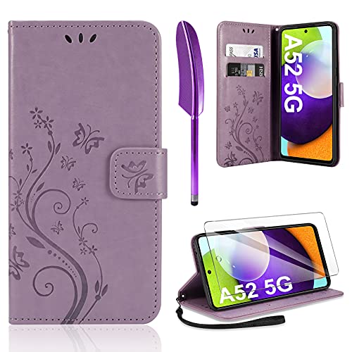 AROYI Lederhülle Kompatibel mit Samsung Galaxy A52 5G/4G/A52S 5G Hülle und Schutzfolie, Flip Wallet Handyhülle PU Leder Tasche Case Schutzhülle Kompatibel mit Samsung Galaxy A52 5G Lila von AROYI