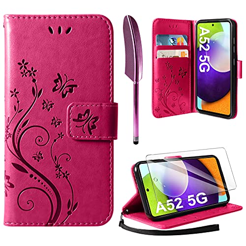 AROYI Lederhülle Kompatibel mit Samsung Galaxy A52 5G/4G/A52S 5G Hülle und Schutzfolie, Flip Wallet Handyhülle PU Leder Tasche Case Schutzhülle Kompatibel mit Samsung Galaxy A52 5G Rosenrot von AROYI