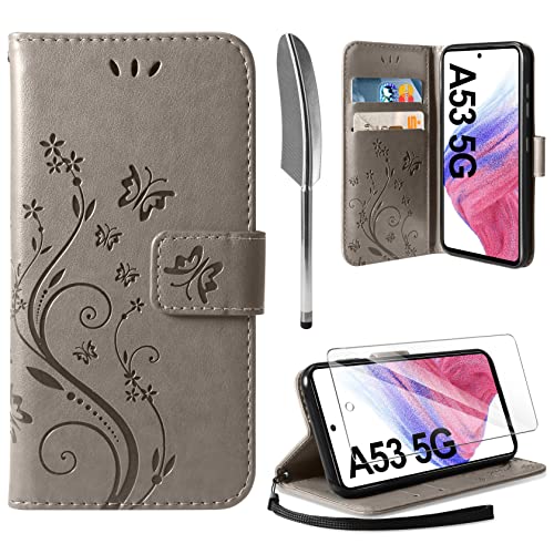 AROYI Lederhülle Kompatibel mit Samsung Galaxy A53 5G Hülle und Schutzfolie, Flip Wallet Handyhülle PU Leder Tasche Case Kartensteckplätzen Schutzhülle Grau von AROYI