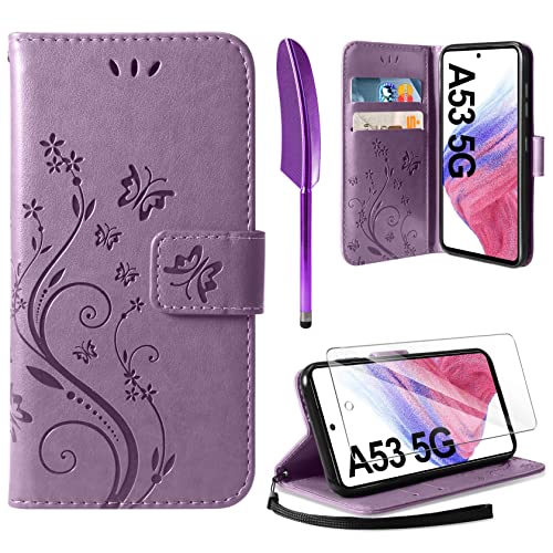 AROYI Lederhülle Kompatibel mit Samsung Galaxy A53 5G Hülle und Schutzfolie, Flip Wallet Handyhülle PU Leder Tasche Case Kartensteckplätzen Schutzhülle Lila von AROYI