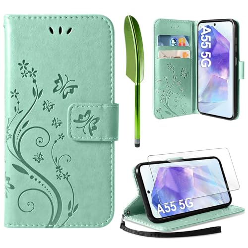 AROYI Lederhülle Kompatibel mit Samsung Galaxy A55 5G Hülle und Schutzfolie,Wallet Handyhülle Leder Tasche Kartensteckplätzen Schutzhülle Kompatibel mit Samsung Galaxy A55 5G Minzgrün von AROYI