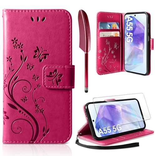 AROYI Lederhülle Kompatibel mit Samsung Galaxy A55 5G Hülle und Schutzfolie,Wallet Handyhülle Leder Tasche Kartensteckplätzen Schutzhülle Kompatibel mit Samsung Galaxy A55 5G Rosenrot von AROYI