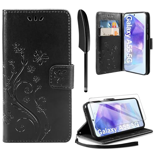 AROYI Lederhülle Kompatibel mit Samsung Galaxy A55 5G Hülle und Schutzfolie,Wallet Handyhülle Leder Tasche Kartensteckplätzen Schutzhülle Kompatibel mit Samsung Galaxy A55 5G Schwarz von AROYI