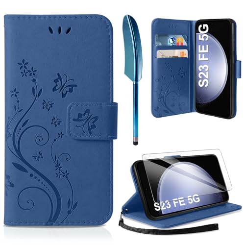AROYI Lederhülle Kompatibel mit Samsung Galaxy S23 FE 5G Hülle und Schutzfolie,Wallet Handyhülle Leder Tasche Kartensteckplätzen Schutzhülle Kompatibel mit Samsung Galaxy S23 FE 5G Dunkel Blau von AROYI