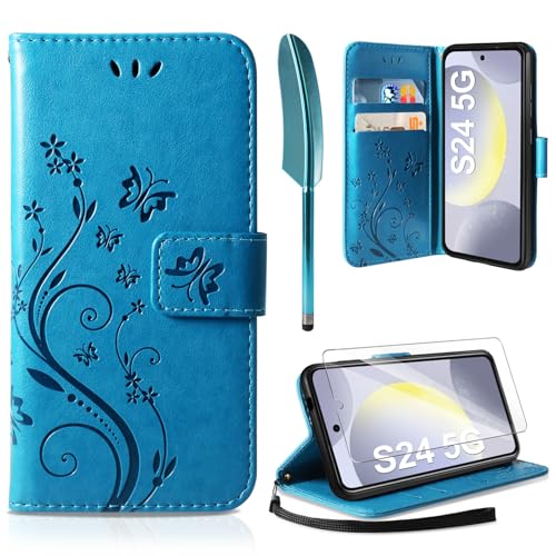 AROYI Lederhülle Kompatibel mit Samsung Galaxy S24 5G Hülle und Schutzfolie, Flip Wallet Handyhülle PU Leder Tasche Kartensteckplätzen Schutzhülle Kompatibel mit Samsung Galaxy S24 5G von AROYI