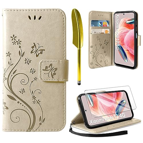 AROYI Lederhülle Kompatibel mit Xiaomi Redmi Note 12 4G (Nicht für 5G) Hülle und Schutzfolie,Flip Wallet Handyhülle Leder Tasche Kartensteckplätzen Schutzhülle Golden von AROYI