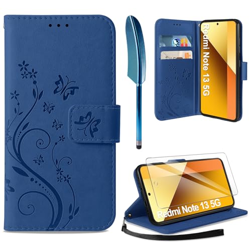 AROYI Lederhülle Kompatibel mit Xiaomi Redmi Note 13 5G（Nicht für 4G）Hülle und Schutzfolie,Wallet Handyhülle Leder Tasche Kartensteckplätzen Schutzhülle Kompatibel mit Xiaomi Redmi Note 13 Dunkel Blau von AROYI