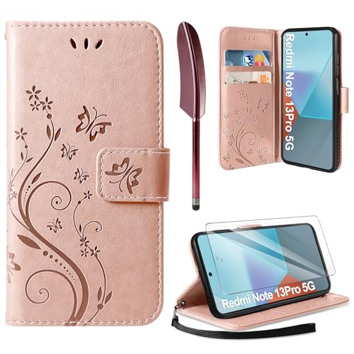 AROYI Lederhülle Kompatibel mit Xiaomi Redmi Note 13 Pro 5G（Nicht für 4G） Hülle und Schutzfolie,Wallet Handyhülle Leder Tasche Kartensteckplätzen Schutzhülle mit Xiaomi Redmi Note 13 Pro 5G Roségold von AROYI