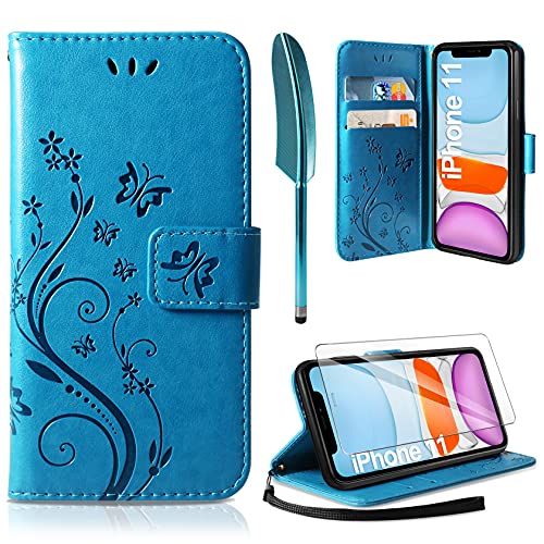 AROYI Lederhülle Kompatibel mit iPhone 11 Hülle und Schutzfolie, Flip Wallet Handyhülle PU Leder Case Kartensteckplätzen Schutzhülle Kompatibel mit iPhone 11 Blau von AROYI