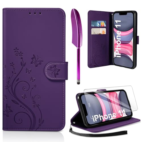AROYI Lederhülle Kompatibel mit iPhone 11 Hülle und Schutzfolie, Flip Wallet Handyhülle PU Leder Case Kartensteckplätzen Schutzhülle Kompatibel mit iPhone 11 Dunkel Violett von AROYI