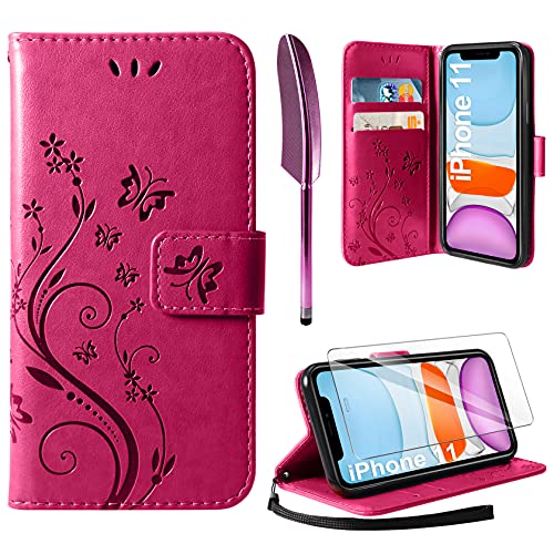 AROYI Lederhülle Kompatibel mit iPhone 11 Hülle und Schutzfolie, Flip Wallet Handyhülle PU Leder Case Kartensteckplätzen Schutzhülle Kompatibel mit iPhone 11 Rosenrot von AROYI