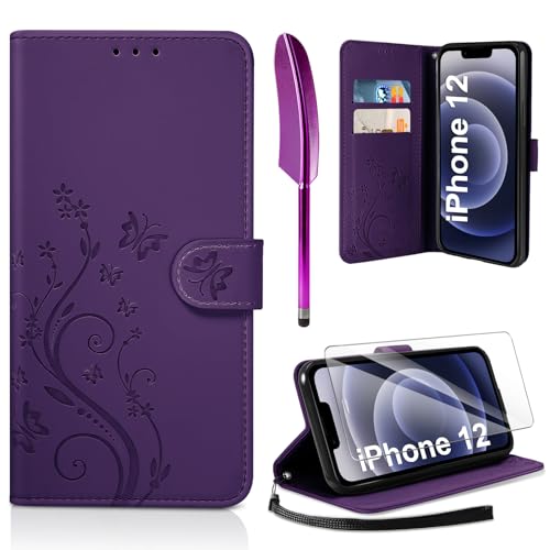 AROYI Lederhülle Kompatibel mit iPhone 12/12 Pro Hülle und Schutzfolie, Flip Wallet Handyhülle PU Leder Case Kartensteckplätzen Schutzhülle Kompatibel mit iPhone 12/12 Pro Dunkel Violett von AROYI
