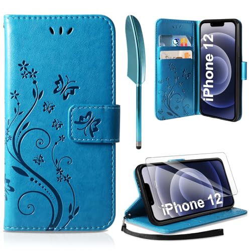 AROYI Lederhülle Kompatibel mit iPhone 12/12 Pro Hülle und Schutzfolie, Flip Wallet Handyhülle PU Leder Case Kartensteckplätzen Schutzhülle Kompatibel mit iPhone 12/12 Pro Blau von AROYI