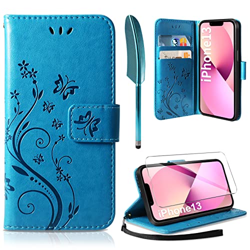 AROYI Lederhülle Kompatibel mit iPhone 13/14 Hülle und Schutzfolie, Flip Wallet Handyhülle PU Leder Case Kartensteckplätzen Schutzhülle Kompatibel mit iPhone 13/14 Blau von AROYI