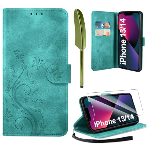 AROYI Lederhülle Kompatibel mit iPhone 13/14 Hülle und Schutzfolie, Flip Wallet Handyhülle PU Leder Case Kartensteckplätzen Schutzhülle Kompatibel mit iPhone 13/14 Dunkel Grün von AROYI