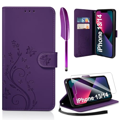 AROYI Lederhülle Kompatibel mit iPhone 13/14 Hülle und Schutzfolie, Flip Wallet Handyhülle PU Leder Case Kartensteckplätzen Schutzhülle Kompatibel mit iPhone 13/14 Dunkel Violett von AROYI