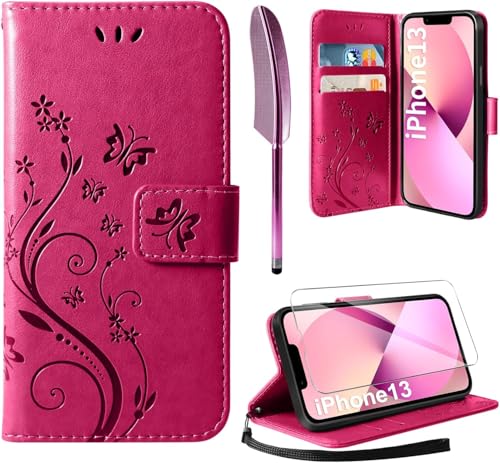 AROYI Lederhülle Kompatibel mit iPhone 13/14 Hülle und Schutzfolie, Flip Wallet Handyhülle PU Leder Case Kartensteckplätzen Schutzhülle Kompatibel mit iPhone 13/14 Rosenrot von AROYI