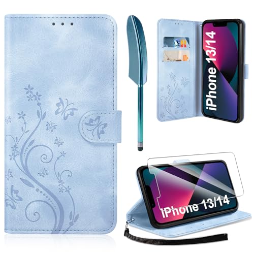 AROYI Lederhülle Kompatibel mit iPhone 13/14 Hülle und Schutzfolie,Wallet Handyhülle Leder Tasche Kartensteckplätzen Schutzhülle Kompatibel mit iPhone 13/14 Nebliges Blau von AROYI