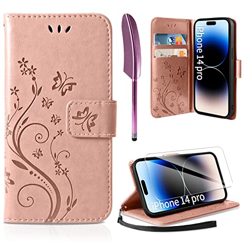 AROYI Lederhülle Kompatibel mit iPhone 14 Pro Hülle und Schutzfolie,Wallet Handyhülle Leder Tasche Kartensteckplätzen Schutzhülle Kompatibel mit iPhone 14 Pro Roségold von AROYI