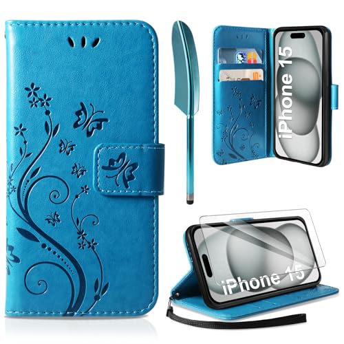 AROYI Lederhülle Kompatibel mit iPhone 15 Hülle und Schutzfolie, Flip Wallet Handyhülle PU Leder Case Kartensteckplätzen Schutzhülle Kompatibel mit iPhone 15 Blau von AROYI