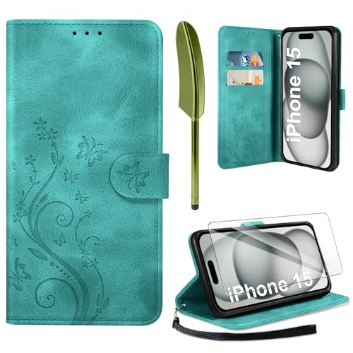 AROYI Lederhülle Kompatibel mit iPhone 15 Hülle und Schutzfolie, Flip Wallet Handyhülle PU Leder Case Kartensteckplätzen Schutzhülle Kompatibel mit iPhone 15 Dunkel Grün von AROYI