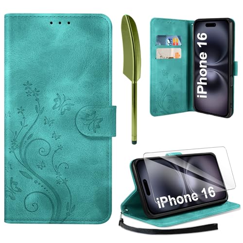 AROYI Lederhülle Kompatibel mit iPhone 16 Hülle und Schutzfolie, Flip Wallet Handyhülle PU Leder Case Kartensteckplätzen Schutzhülle Kompatibel mit iPhone 16 Dunkel Grün von AROYI