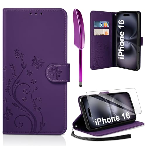 AROYI Lederhülle Kompatibel mit iPhone 16 Hülle und Schutzfolie, Flip Wallet Handyhülle PU Leder Case Kartensteckplätzen Schutzhülle Kompatibel mit iPhone 16 Dunkel Violett von AROYI