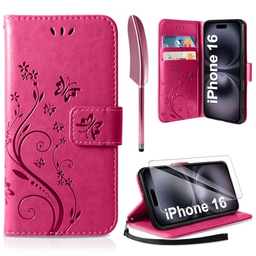 AROYI Lederhülle Kompatibel mit iPhone 16 Hülle und Schutzfolie, Flip Wallet Handyhülle PU Leder Case Kartensteckplätzen Schutzhülle Kompatibel mit iPhone 16 Rosenrot von AROYI