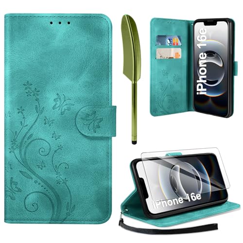 AROYI Lederhülle Kompatibel mit iPhone 16E 2025 Hülle und Schutzfolie, Flip Wallet Handyhülle PU Leder Case Kartensteckplätzen Schutzhülle Kompatibel mit iPhone 16E Dunkel Grün von AROYI