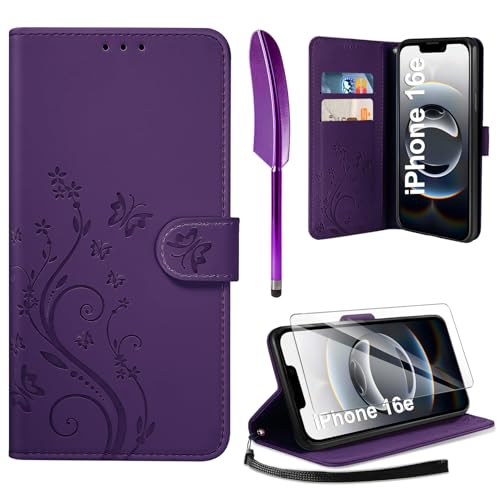 AROYI Lederhülle Kompatibel mit iPhone 16E 2025 Hülle und Schutzfolie, Flip Wallet Handyhülle PU Leder Case Kartensteckplätzen Schutzhülle Kompatibel mit iPhone 16E Dunkel Violett von AROYI