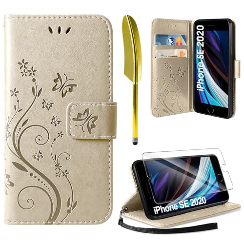 AROYI Lederhülle Kompatibel mit iPhone SE 2022/2020/7/8 Hülle und Schutzfolie,Handyhülle Flip PU Leder Wallet Tasche Case Schutzhülle Kompatibel mit iPhone SE 2022/2020/7/8 Golden von AROYI