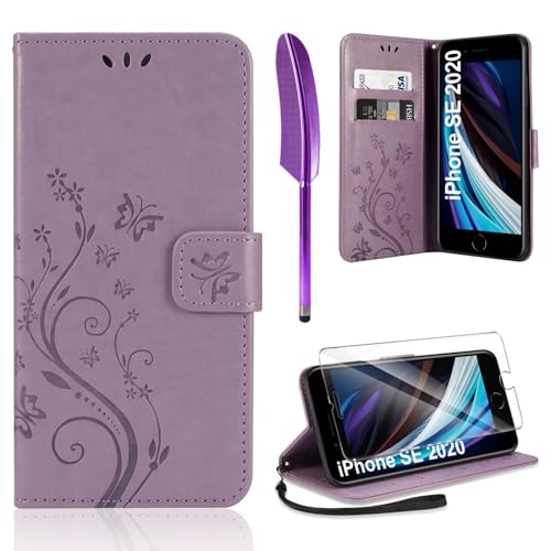 AROYI Lederhülle Kompatibel mit iPhone SE 2022/2020/7/8 Hülle und Schutzfolie,Handyhülle Flip PU Leder Wallet Tasche Case Schutzhülle Kompatibel mit iPhone SE 2022/2020/7/8 Lila von AROYI