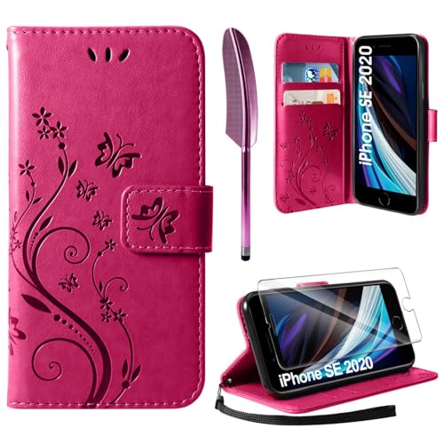 AROYI Lederhülle Kompatibel mit iPhone SE 2022/2020/7/8 Hülle und Schutzfolie,Handyhülle Flip PU Leder Wallet Tasche Case Schutzhülle Kompatibel mit iPhone SE 2022/2020/7/8 Rosenrot von AROYI