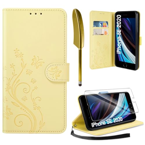AROYI Lederhülle Kompatibel mit iPhone SE 2022/2020/7/8 Hülle und Schutzfolie,Wallet Handyhülle Leder Tasche Kartensteckplätzen Schutzhülle Kompatibel mit iPhone SE 2022/2020/7/8 5G/4G Gelb von AROYI