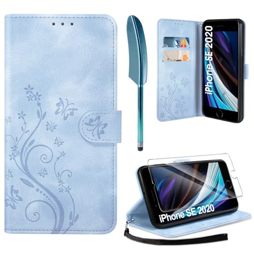 AROYI Lederhülle Kompatibel mit iPhone SE 2022/2020/7/8 Hülle und Schutzfolie,Wallet Handyhülle Leder Tasche Kartensteckplätzen Schutzhülle Kompatibel mit iPhone SE 2022/2020/7/8 5G/4G Nebliges Blau von AROYI