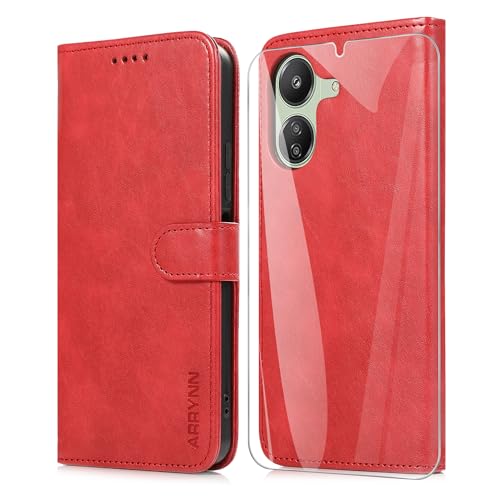 ARRYNN Hülle für Xiaomi Redmi 13C (6,74 Zoll) + Schutzfolie,Handyhülle für Xiaomi Redmi 13C,Flip PU Tasche Schutzhülle Xiaomi Redmi 13C - Rot von ARRYNN